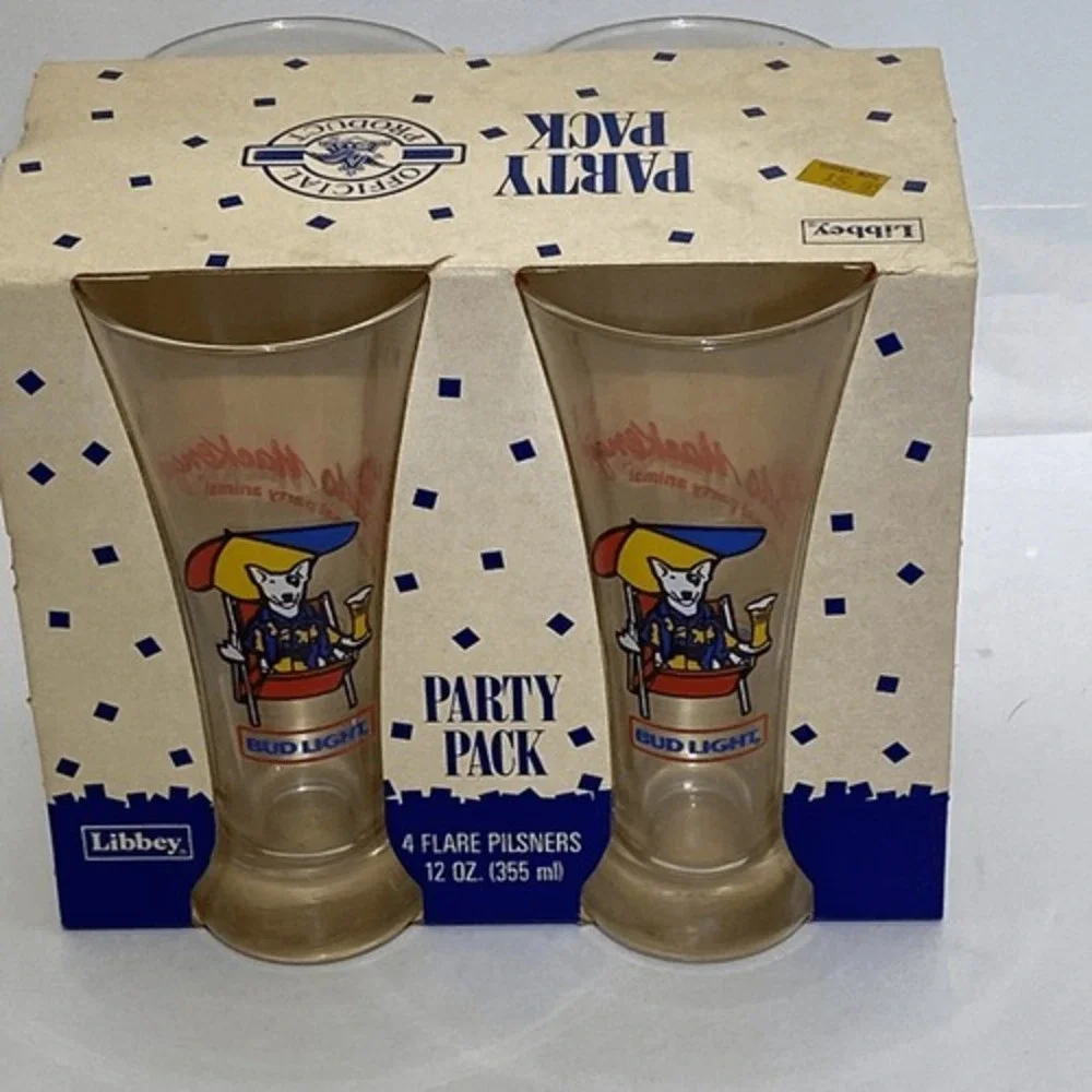 Libbey‎ Multicolor 1987 Budweiser Party Pack Spuds McKenzie 4 Pilsner Glasses